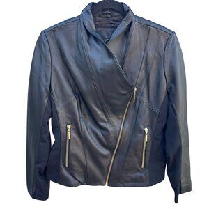 IMAN Womens Black Lambskin Leather Biker Moto Bomber Jacket Side Zip Roll Collar